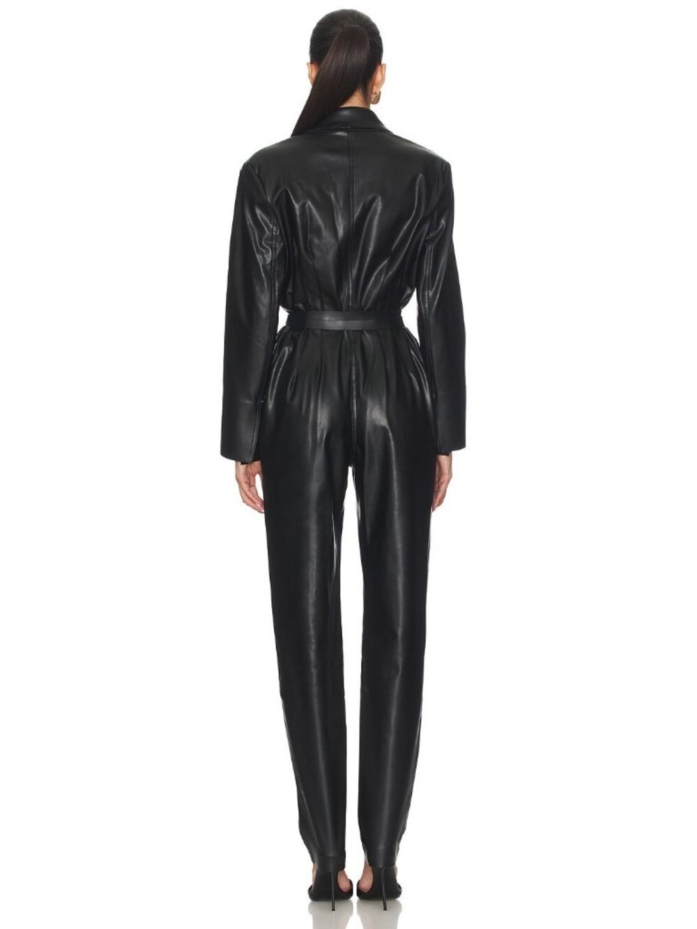 Norma Kamali Women’s Small Faux Leather Belted Tapered Leg Jumpsuit Black NWT - Picture 3 of 15